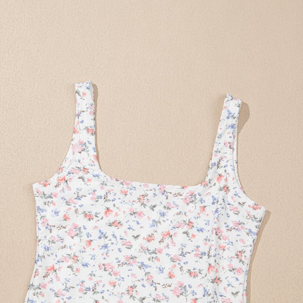 B255 White Floral Textured Square Neck Sleeveless Bodysuit - Picture 11 of 14